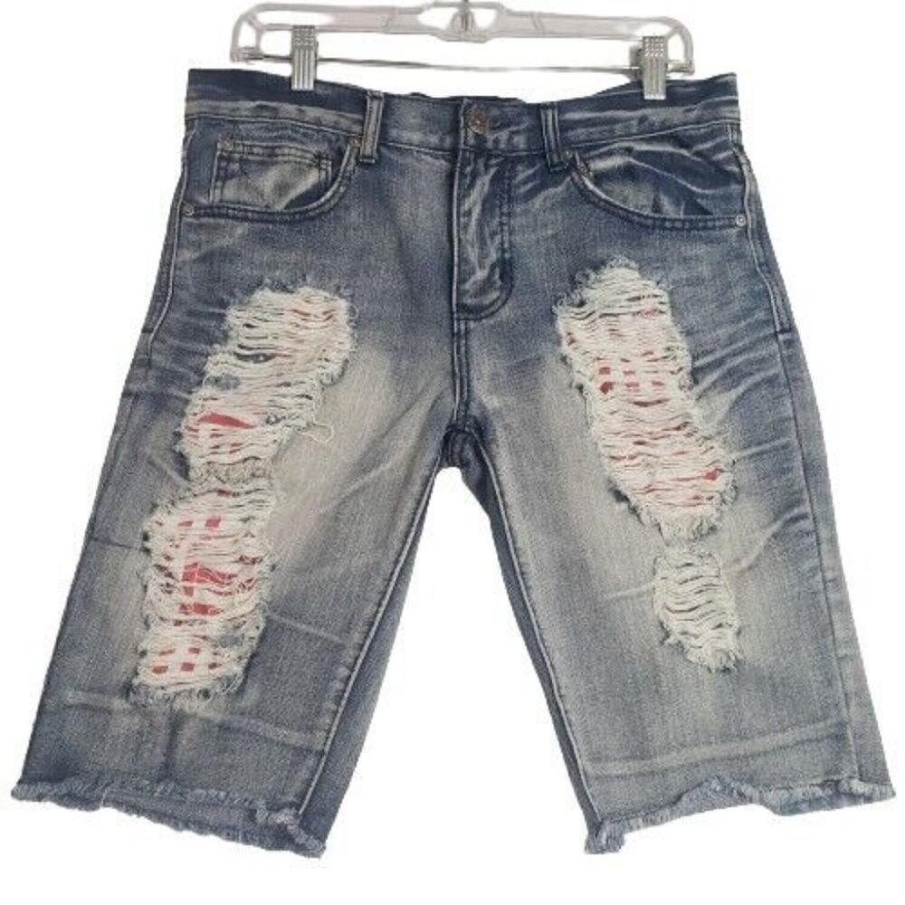 Carbon Mens Relaxed Fit Tattered Destructed Fray Bottom Light Wash Shorts Sz 30